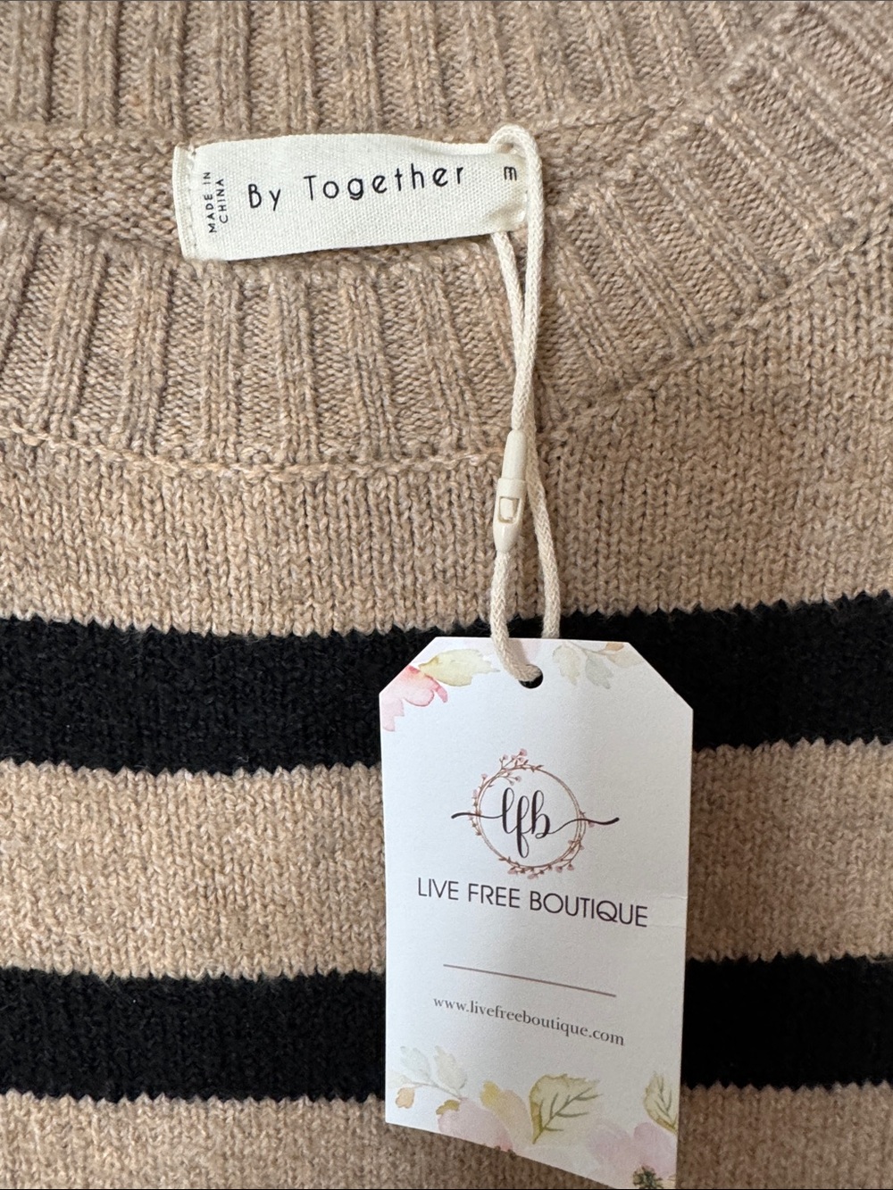 By Together Black & Beige Striped crew neck Sweater Med NEW - Picture 2 of 4